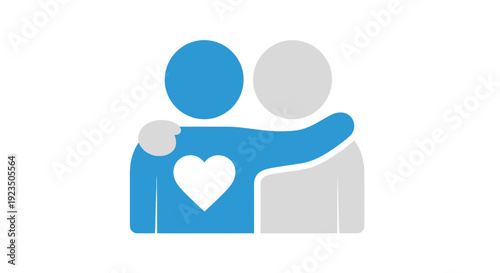 Stylized icon showing a comforting friendship embrace with a bright heart symbol emphasizing care