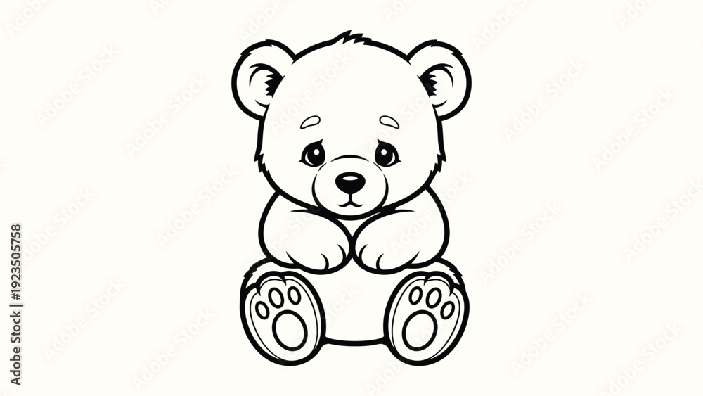 Fototapeta premium Cute baby bear sitting and looking forward line art illustration for coloring