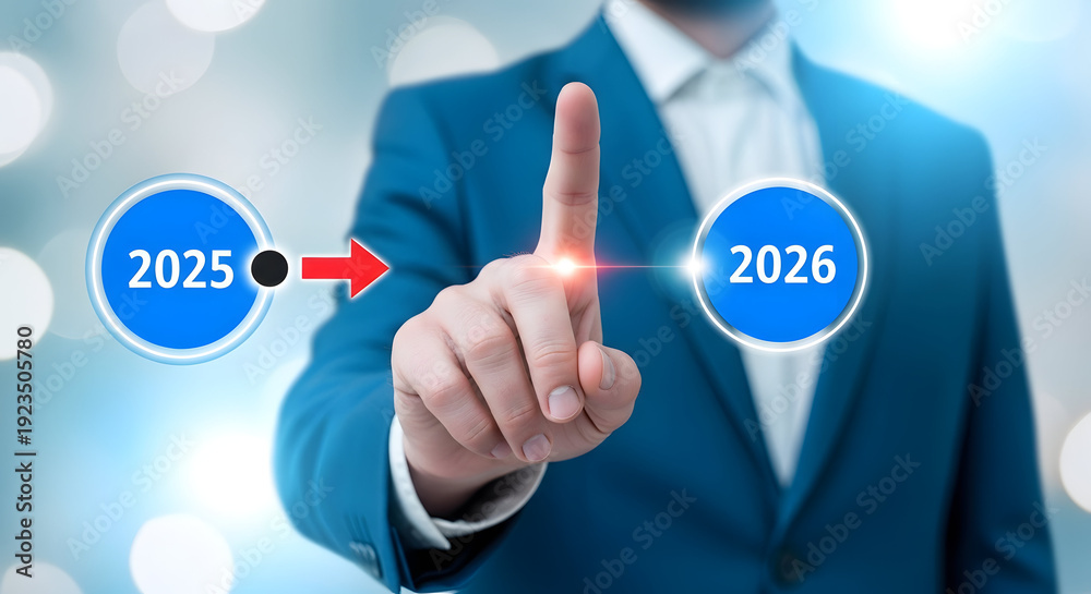 Fototapeta premium Businessman pointing to a timeline from 2025 to 2026 in a futuristic setting with glowing background