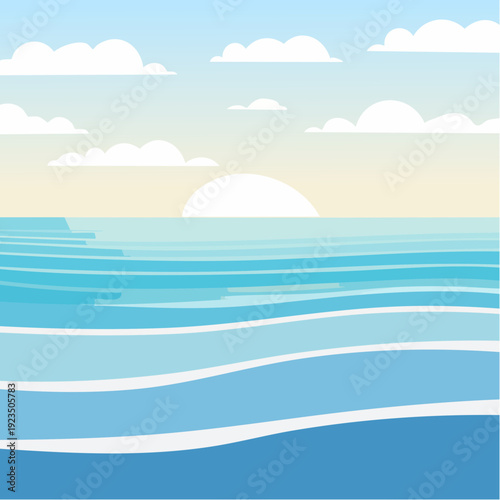 Serene Ocean Waves Under a Cloudy Sky at Sunrise, Beautiful Sea Scenery Illustration