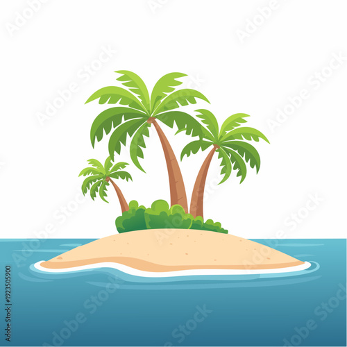 Serene tropical island graphic with lush palm trees amidst clear blue ocean, evoking feelings of summer vacation, escape, and tranquil paradise