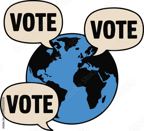 Earth with VOTE speech bubbles and ballot icons