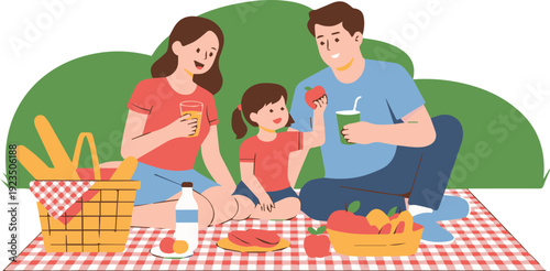Family picnic with baskets and apples