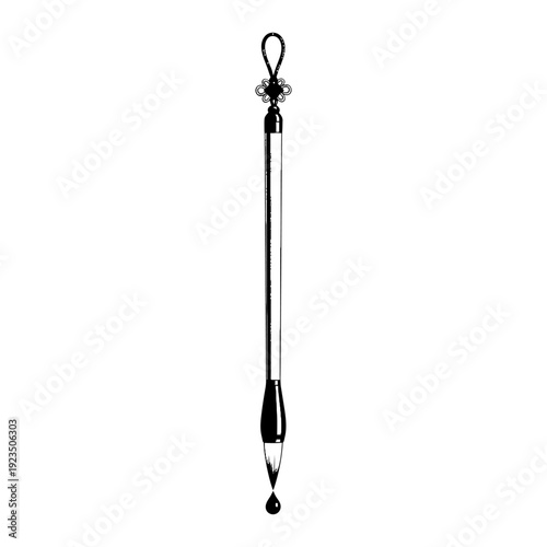 Traditional East Asian Calligraphy Brush with Ink Drop and Decorative Knot Graphic