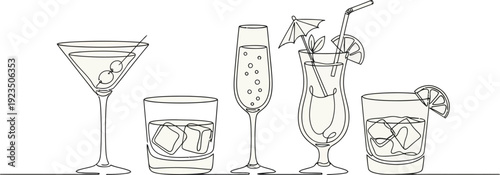 Cocktails doodle hand drawn icon set. Outline drawing cocktails line clipart symbol. Black and white sketch.
