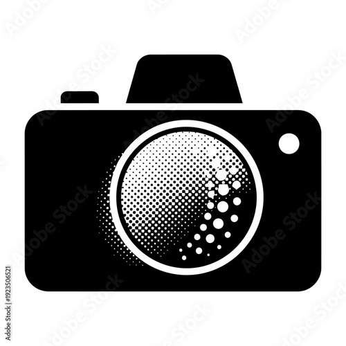 Camera icon with halftone lens effect minimalist black silhouette isolated on white