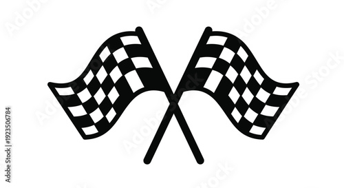 Two black and white checkered racing flags crossed symbolically representing motorsport finish line victory