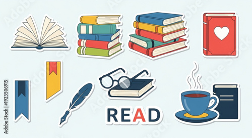 Colorful book and reading icons with cup of coffee on light blue background symbolizing love for literature and learning