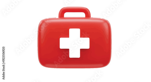 Red 3D rendered first aid kit icon on a white background representing medical emergency help and health.