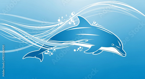 Dolphin swimming right through ocean waves with bubbles and blue gradient background