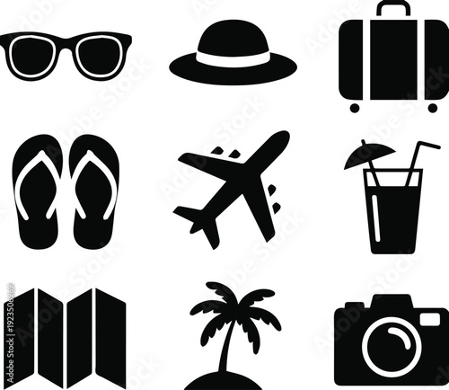 Vacation activities icons for beach and sightseeing