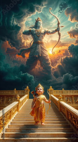 Divine Infant Rama and Celestial Lord Rama with Bow and Arrow baby Rama