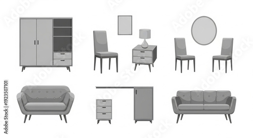 Collection of furniture pieces including wardrobe, chairs, sofa, and desk, all in a monochromatic style.