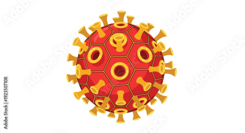 Colorful detailed illustration of a red and gold virus particle with spike proteins representing disease
