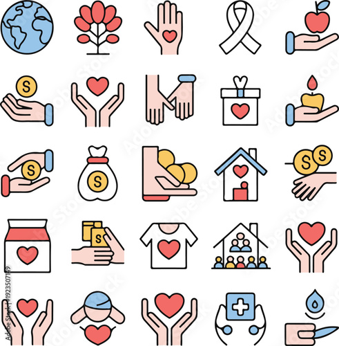 Medical aid and health charity icons for care campaigns