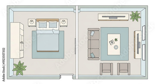 Detailed architectural floor plan showcasing two adjacent bedrooms with furniture arrangements and interior design.