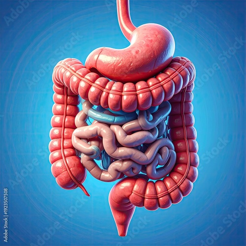3D render internal human digestive system on blue backdrop
