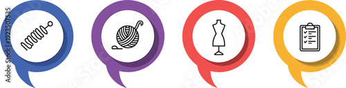 Fashion and textile icons in colorful speech bubbles showing yarn crochet, sewing coil, mannequin dress form, and checklist for design planning and organization