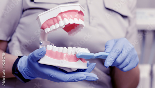 Dental professional demonstrating proper brushing technique using a dental model with teeth and toothbrush in a clinical setting with dental equipment in the background