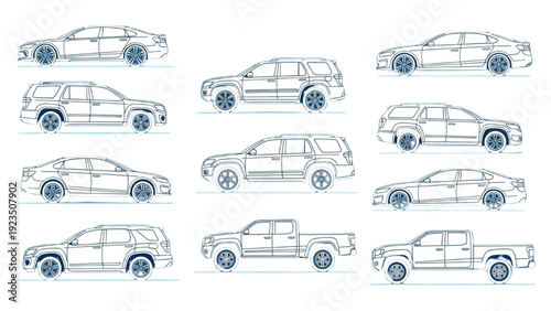 Collection of vehicle autocad blueprint designs showcasing various cars from multiple angles with precise technical drawings