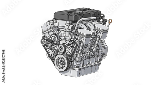 Detailed vehicle autocad blueprint engine illustration on a technical drawing sheet with various components and machinery parts