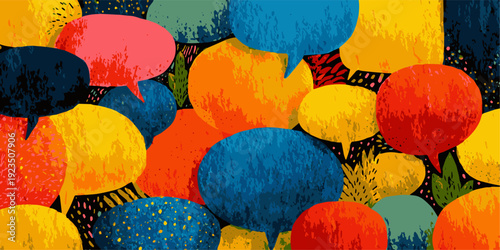 A vibrant and colorful depiction of a sky filled with clouds of various shapes and sizes