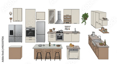 Modern kitchen design with various cabinets, appliances, and island setup.