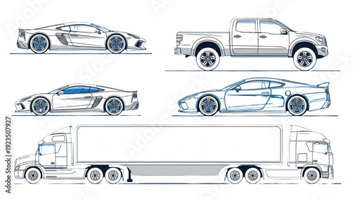 Detailed vehicle autocad blueprint designs of cars and trucks from various viewpoints on a clean white background