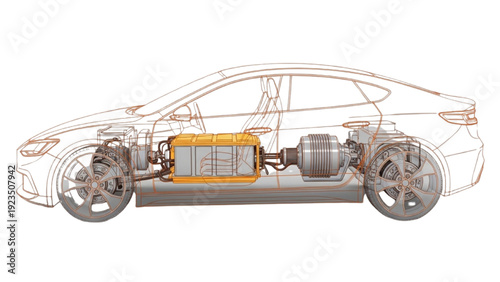 Detailed vehicle autocad blueprint illustration of a car's internal mechanics and electrical system components