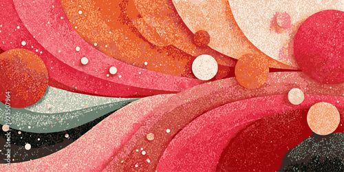 A vibrant and abstract painting featuring a blend of warm colors and organic shapes