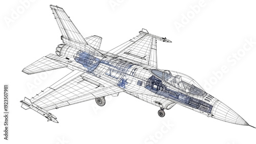 Detailed vehicle autocad blueprint of a fighter jet aircraft design from isometric viewpoint