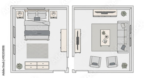 Detailed bedroom floor plan with furniture arrangement and interior design elements.