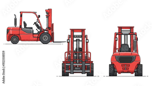 Detailed vehicle autocad blueprint of a forklift from multiple viewpoints showcasing its design and features