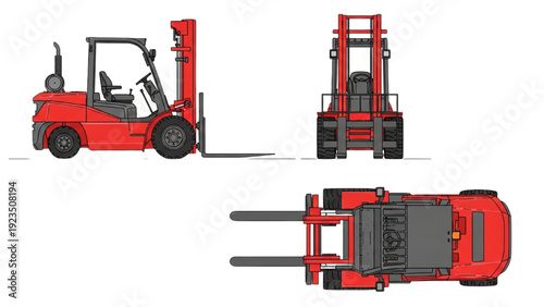 Detailed vehicle autocad blueprint of a red forklift from multiple viewpoints showcasing its design and structure