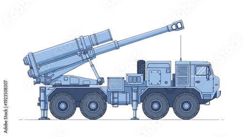 Detailed vehicle autocad blueprint of a military truck with a launcher in a technical illustration style