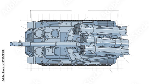 Top view of a detailed vehicle autocad blueprint design showcasing a complex tank model