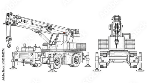 Detailed vehicle autocad blueprint diagram of a crane truck and heavy machinery on a technical drawing sheet viewed from the side