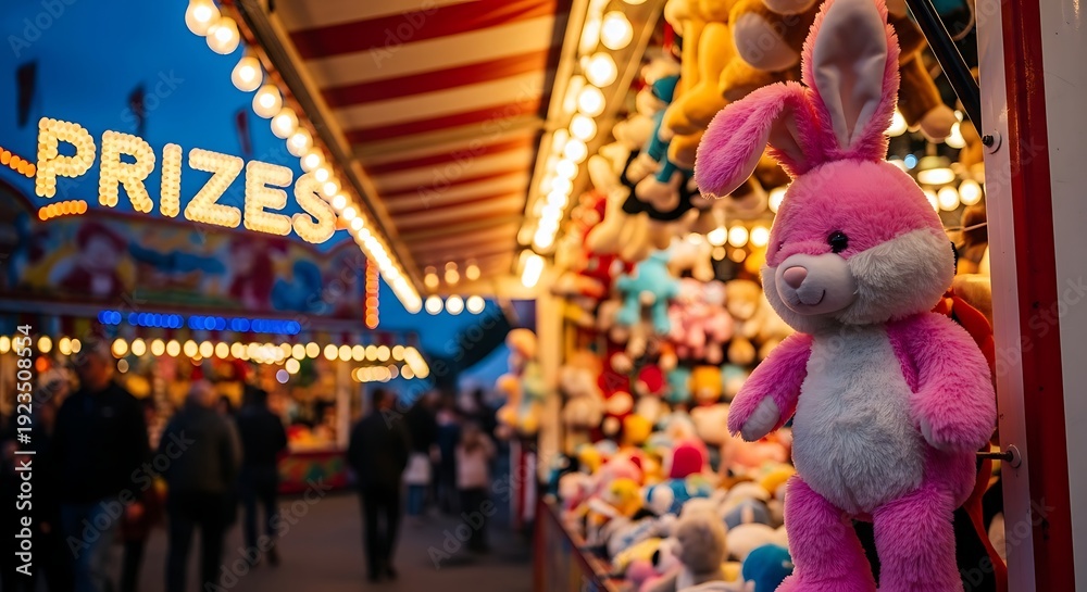 Obraz premium Pink stuffed bunny at colorful carnival prize booth with lights