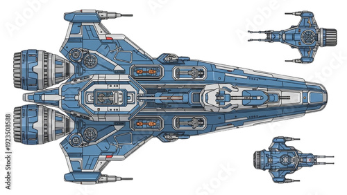 Detailed vehicle autocad blueprint of futuristic spacecraft with accompanying smaller vessels in technical illustration
