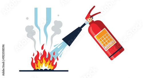 Illustration depicts a red fire extinguisher actively spraying substance to put out a small ground fire