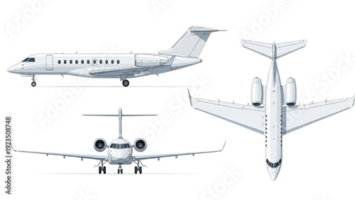 Detailed vehicle autocad blueprint of a jet aircraft shown from multiple viewpoints including side top and front views