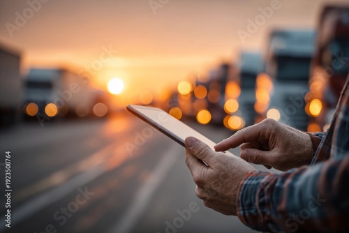 Truck driver looks at tablet during sunset at logistics yard with trucks in the background