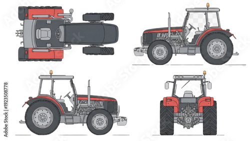 Detailed vehicle autocad blueprint of a tractor from multiple viewpoints showcasing its design and technical specifications
