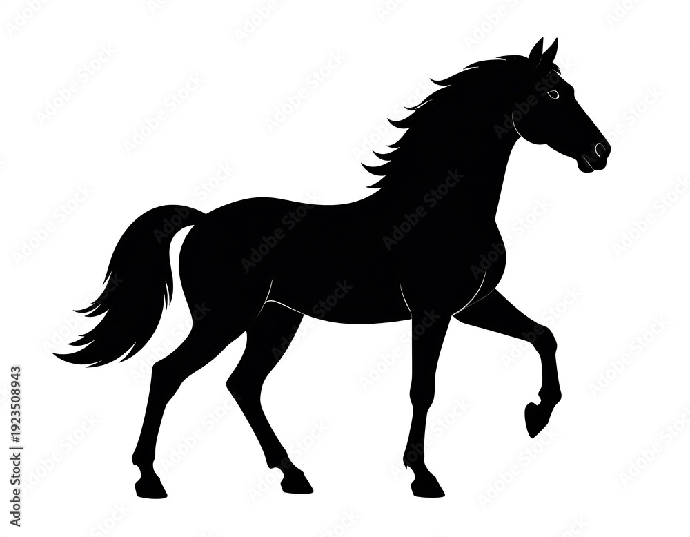 Fototapeta premium A black silhouette of a horse in motion against a white background