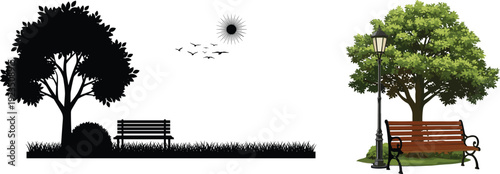 Park landscape silhouette and colorful illustration comparison, tree bench street lamp nature scene, vector design concept, isolated white background