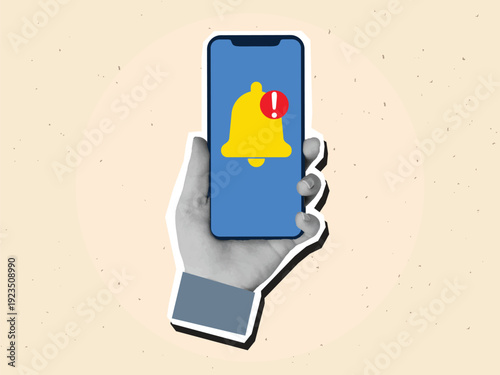 Hand holds phone with a bell notification on a screen. Modern collage style. Vector illustration