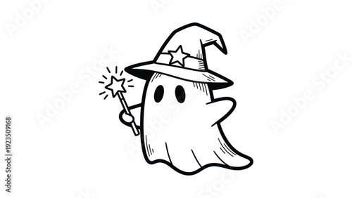 Cute ghost wearing wizard hat holding magic wand line art illustration for coloring book