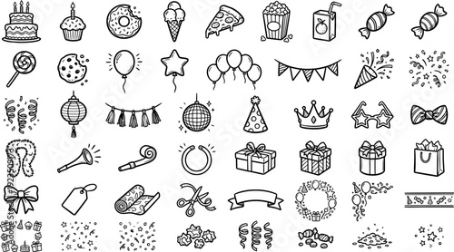 Birthday doodle icon element doodle hand drawn icon set. Outline drawing party, carnival celebration concept line clipart symbol collection. sketch birthday cake, balloon, decoration