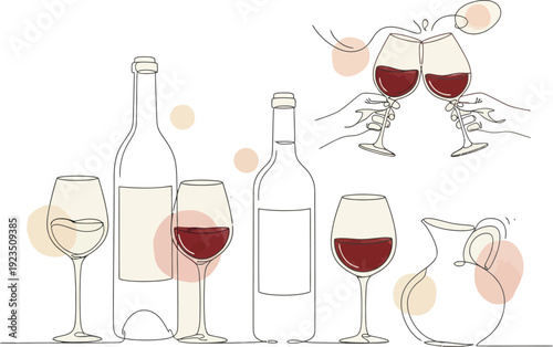 Line art wine bottle and glass with grapes and leaves illustration
