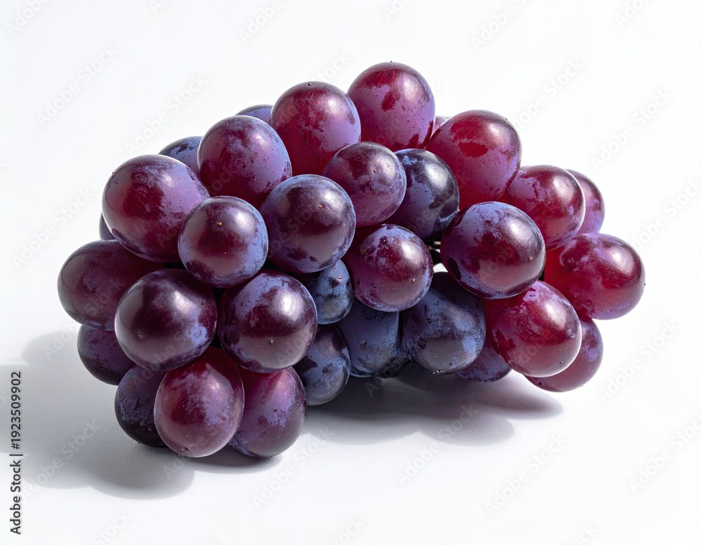 Fototapeta premium Round red grapes, clustered, shiny surface, white backdrop